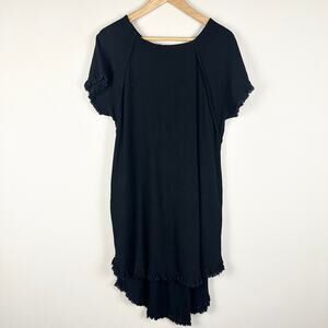 Faveur Women's Black Linen Dress Swim Cover Fringe Boho Pockets Large